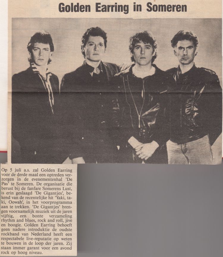 Golden Earring newspaper announcement July 05 1985 Someren
